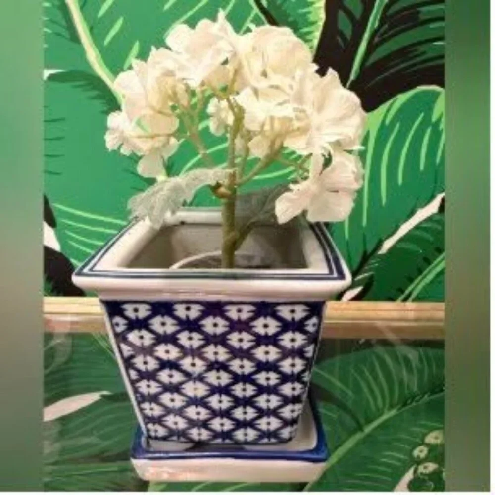 Society Social Blue White Ceramic Planter Faux Hydrangea
